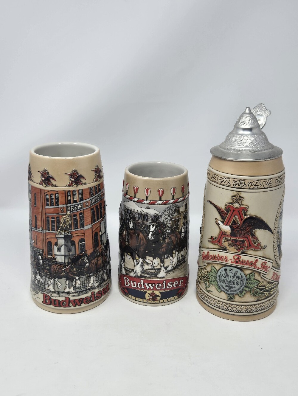 VINTAGE BUDWEISER COLLECTIBLE BEER STEINS MUG SET OF 3 A B & H SERIES CERAMARTE